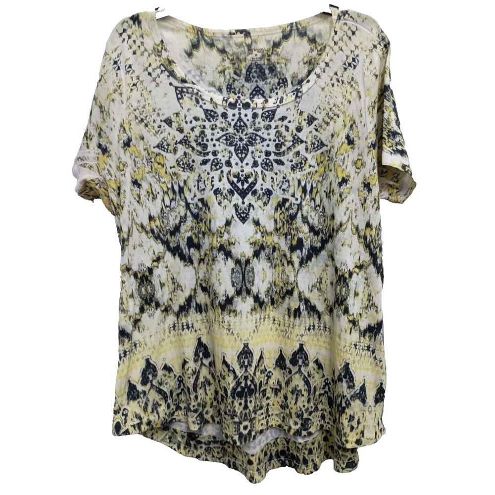 Style & Co BOHO Tunic Top Womens Size 2X Abstract Short Sleeve Rhinestone Beach